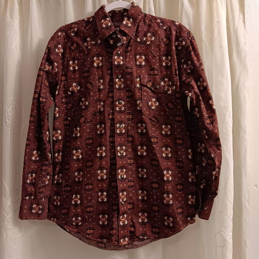 Men Small Adobe Aztec Pearl Snap Shirt Southwestern Revival Festival Cowboy Work